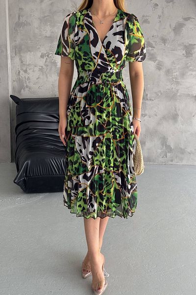 Neşeli Butik rochie de dama verde din sifon cu imprimeu cu guler dublu NBQ001