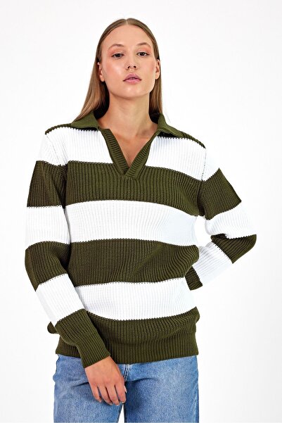 COOL TARZ Дамска раирана комфортна плетена блуза с V-образно деколте