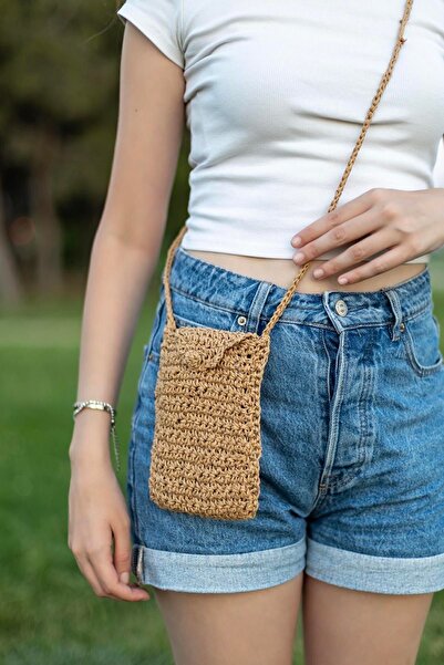 Hipnoz Medya ve Sanat Hand Knitted Paper Rope Handmade Phone Bag Handmade Straw Color Unlined