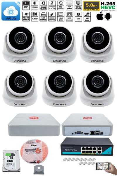 Kadraj 6 Kameralı IP Dome Güvenlik Kamerası Seti | 4MP Ultra HD, 30m Gece Gör...