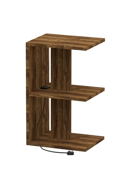 Mahmayi E-Shape Night Stand with USB Ports & Open Shelves - Dark Hunton Oak, Easy Assembly