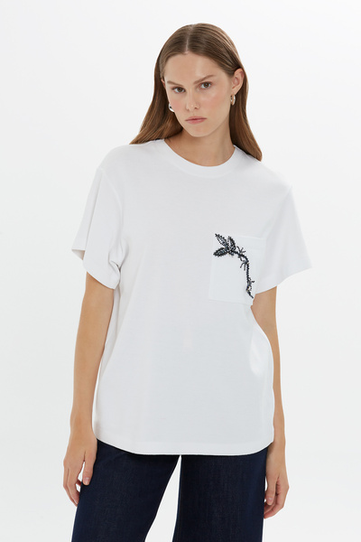 GİZİA Kısa Kollu Klasik Coton Ekru Tshirt