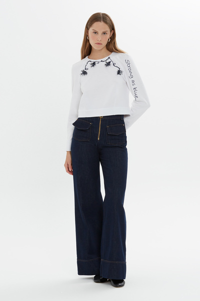 GİZİA Yaka Ve Koları Nakışlı Boncuk İşlemeli Uzun Kollu Beyaz Bluz