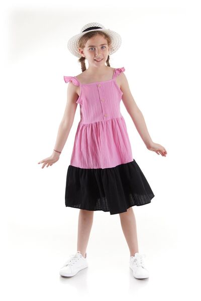 AHENGİM Dívčí letní šaty s knoflíky a kloboukem Ak2516