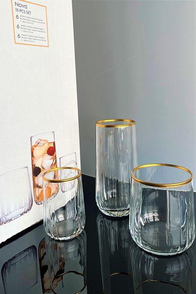 DECOSTYLE Nova 96961 - 18 Piece Matte Gold Embroidered Water-Soft Drink-Coffee Side Cup Set
