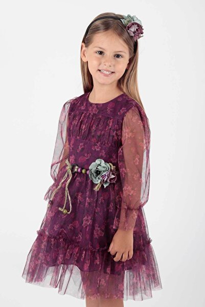 AHENGİM Kids Kız Çocuk Çiçek Baskılı Tüllü Taçlı Kemerli Elbise Ak2202