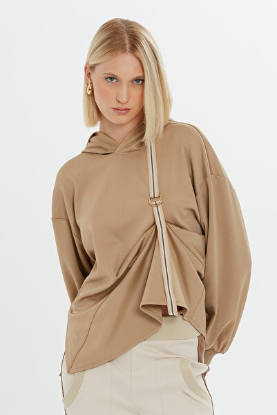 GIZIA SPORT Büzgülü Kapüşonlu Uzun Kollu Bej Sweatshirt