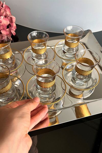 DECOSTYLE Gold Colored Straw Patterned 12 Piece Tea Set - 100Cc