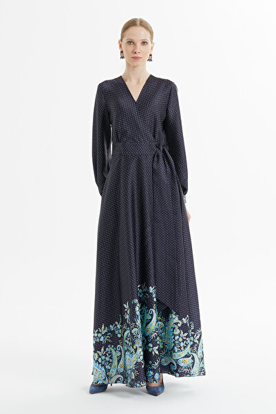 kı.we Kruvaze Kapamalı Beli Kuşaklı Puantiyeli Lacivert Uzun Elbise