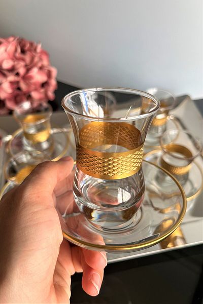 DECOSTYLE Gold Colored Straw Patterned 12 Piece Tea Set - 100Cc