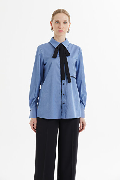 kı.we Şerit Biye Detaylı Çizgili Mavi Gömlek Ve Siyah Pantolonlu Takım