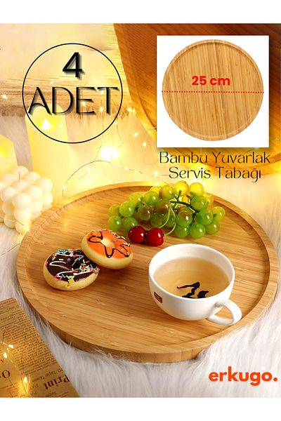 ERKUGO 4 Pieces Bamboo (big Size) Round Serving Plate and Presentation Set - 25x25 Cm
