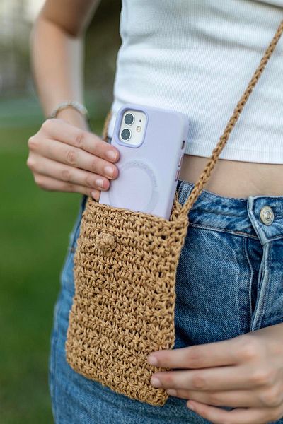 Hipnoz Medya ve Sanat Hand Knitted Paper Rope Handmade Phone Bag Handmade Straw Color Unlined