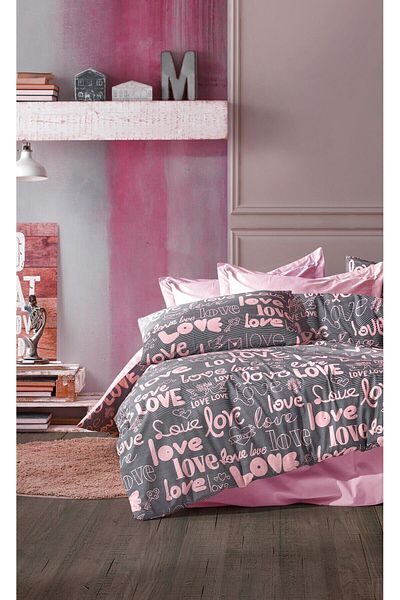 GARDEN ROOM Σετ Παπλωματοθήκη Love Pink Μονό Βαμβακερό - Με Ελαστικά Σεντόνια και Μαξιλαροθήκες