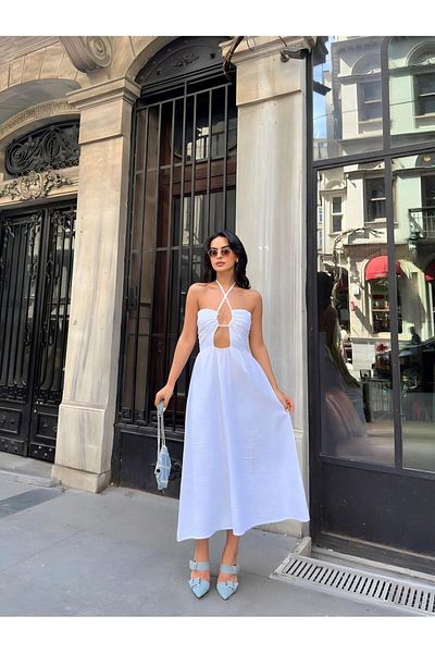 TRİKOM Women's Long Dress - Chest Cutout and Halter Neck