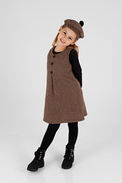 AHENGİM Girl's Hat Dress - 3 Piece Set, Button Detail, Ak2403