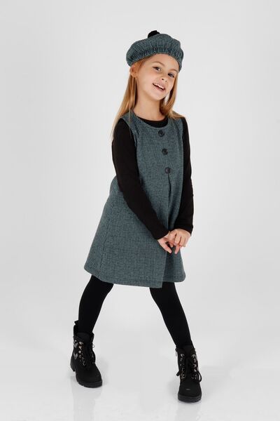 AHENGİM Girl's Hat Dress - 3 Piece Set, Button Detail, Ak2403