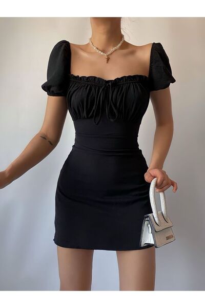 TRİKOM فستان نسائي قصير من قماش أيروبين برباط على الصدر