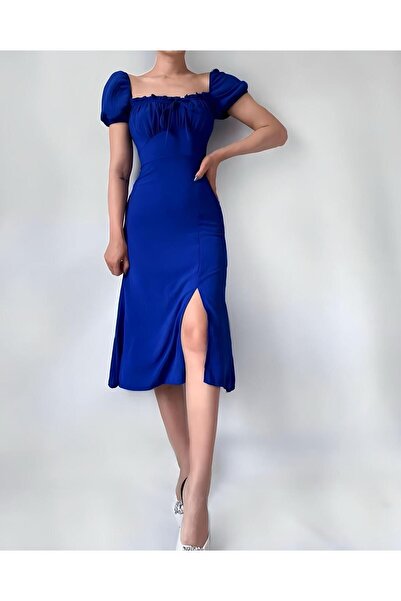 TRİKOM Ayrobin Fabric - Women's Long Dress with Gathered Chest