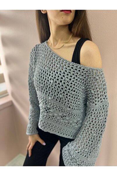 OlaFre Pulover tricotaj cu pompon ajurat