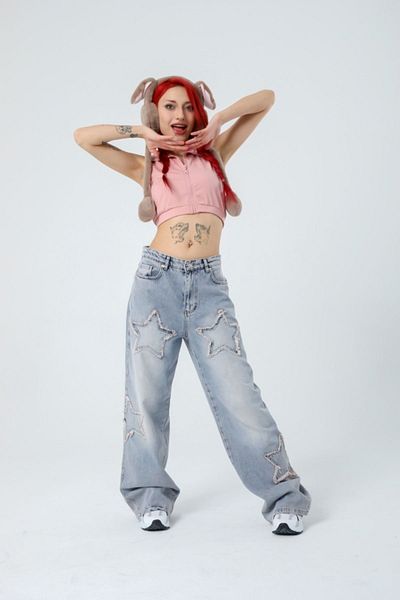 BİLBEC JEANS Y2k Stars Patch Λεπτομέρεια Μπλε παντελόνι πλύσης χιονιού