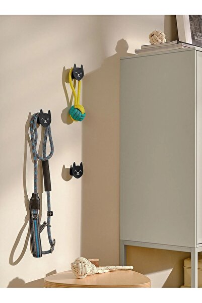 IKEA 3 Adet Duvar Kancası 3,3x5,7x6 Cm İkea 3'lü Set Duvar Askısı Siyah Kedi Desenli Askılık Alüminyum