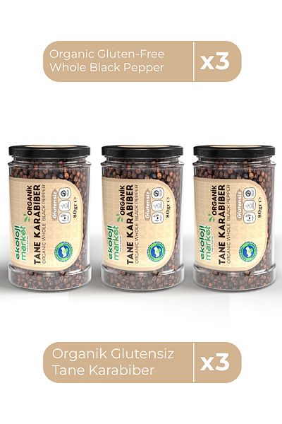 Ekoloji Market Organic Gluten-Free Grain Black Pepper - 80 Gr X3 / Organic Gluten-Free Whole Black Pepper - 80 Gr X3