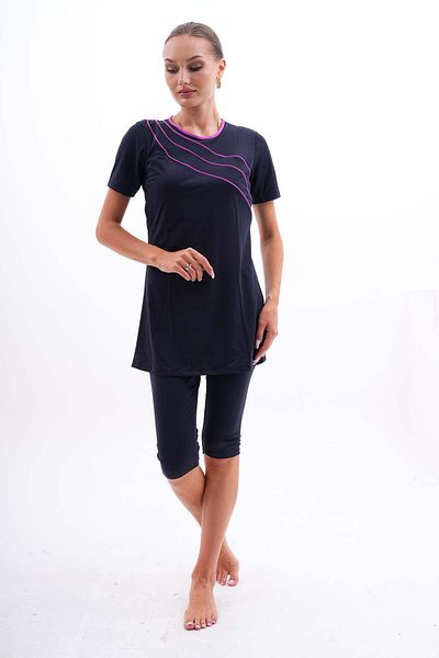 ASLINUR Navy Blue Lycra Sea Swimsuit - Striped and Semi Covered Hijab Swimsuit