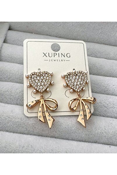 XUPING JEWELRY İncili Zirkon Kalpli Fiyonk Sallantılı İthal Tasarım Küpe