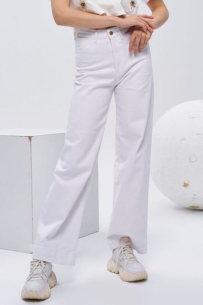 OlaFre Pantaloni albi cu picioare largi, care nu arată, pantaloni cu talie înaltă