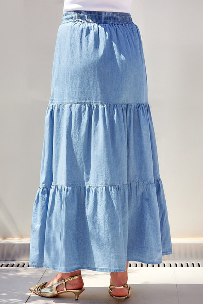 MissThetis Lastikli Yüksek Bel Yıkamalı Parçalı Volanlı Rahat Kalıp Şık ve Cool Uzun Maksi Boy Denim Kot Etek