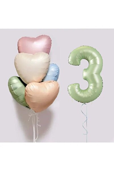 DÜVENCİ TİCARET 5 Adet Retro Kalp Folyo Balon Buketi Seti Su Yeşili Rakam Fol...