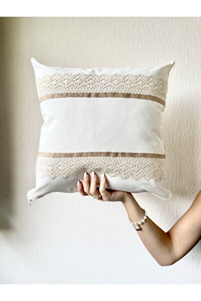 Lidi Keten, Hasır- Dantel Detaylı, Handmade, Natural Otantik Kırlent Kılıfı