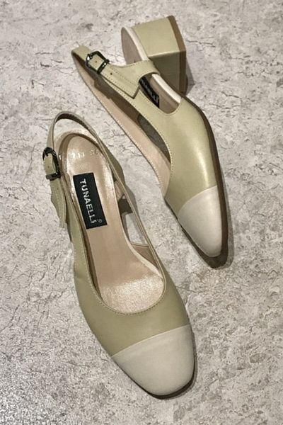 TUNAELLİ Pantofi cu toc de damă, bej, verde, din piele naturală, mărimea 35-41