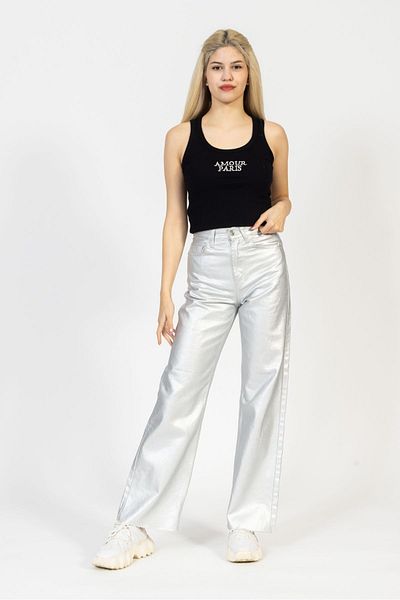 OlaFre Tricou de bază cu nervuri brodate, bluză solidă, tricou din bumbac cu scris Amour Paris