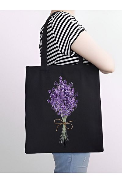Cemira Geantă de tote groasă neagră cu design lavandă - geantă din pânză, geantă pentru cumpărături