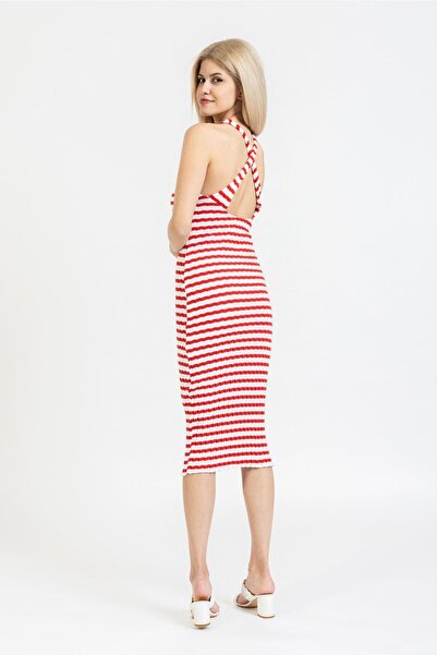 OlaFre Red-white Stretchy Striped Dress with Back Detail