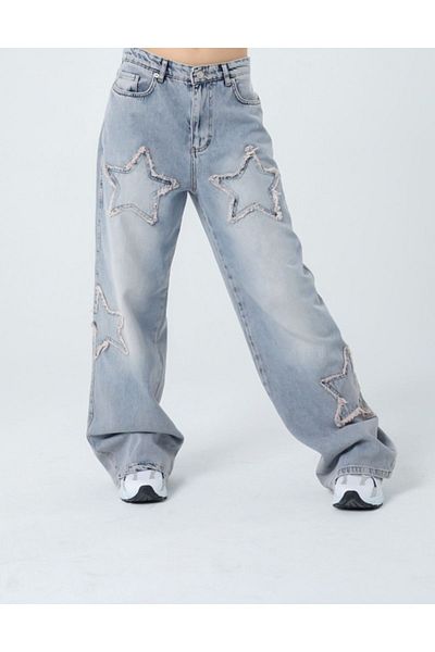 BİLBEC JEANS Y2k Stars Patch Λεπτομέρεια Μπλε παντελόνι πλύσης χιονιού