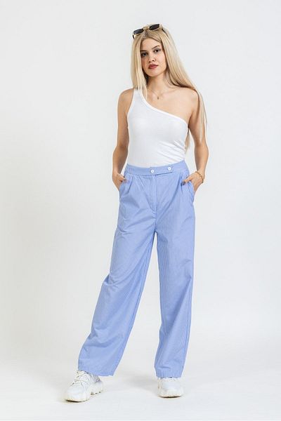 OlaFre Pantaloni Marina cu dungi albastre deschise, pantaloni lungi cu detaliu în talie, pantaloni la modă