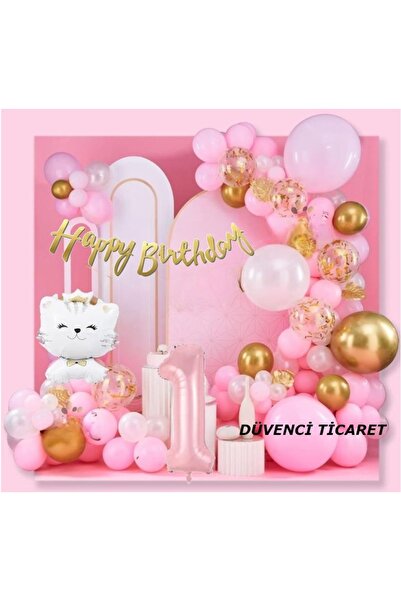 DÜVENCİ TİCARET Sevimli Kedi Gold  Pembe Gold Konsept Doğum Günü Parti Seti