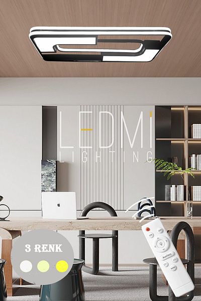 Ledmi Lighting Rectangular Model Led Chandelier, 3 Color Illuminated Remote Controlled Dimmerl Modern Ceiling Chandelier, Living Room, 1013 Code