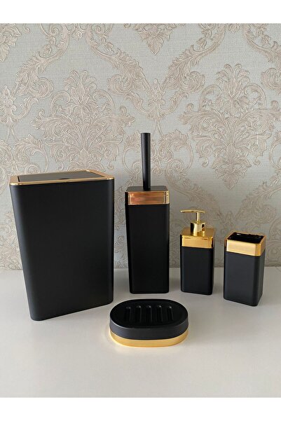 Trend Banyo Mutfak طقم حمام مكون من 5 قطع باللون الأسود الذهبي غير اللامع / حامل فرشاة المرحاض، موزع الصابون السائل - الصلب، سلة المهملات، حامل فرشاة الأسنان
