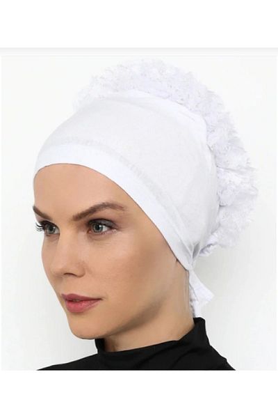 feronis Hijab Women's White Frilly Bun Bonnet
