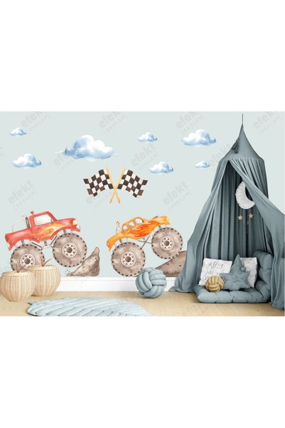 efekt reklam Monster Trucks-Monster Truck Kids Room Wall Adhesive Sticker Set