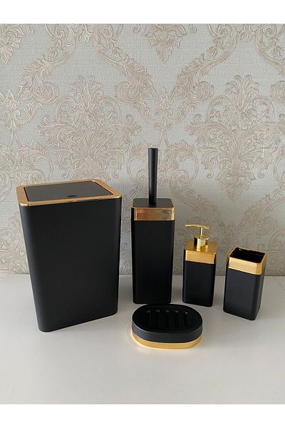 Trend Banyo Mutfak 5 Pieces Black Gold Matte Bathroom Set / Wc Brush Holder, Liquid - Solid Soap Dispenser, Dustbin, Toothbrush Holder