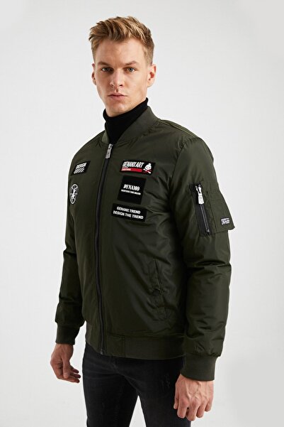 DYNAMO Erkek Haki Baskı Detaylı Su Geçirmez PVC Kaplamalı Mont