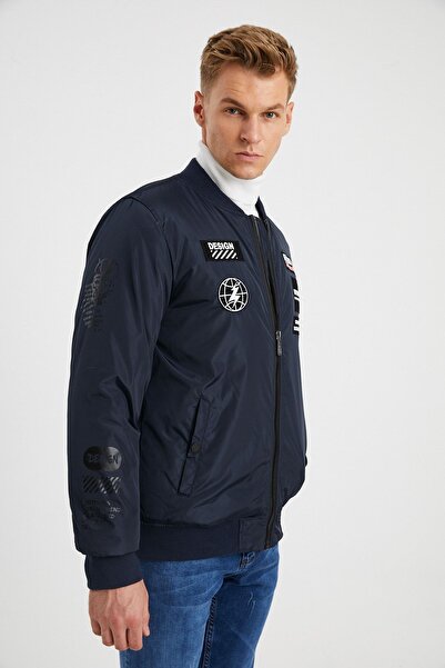 DYNAMO Erkek Lacivert Baskı Detaylı Su Geçirmez PVC Kaplamalı Mont