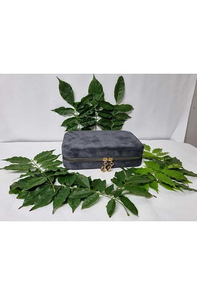 Gold Box Large Size Jewelry Storage Box And Travel Bag THAI FEATHER VELVET FABRIC GRAY (21X14.5X5)