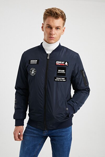 DYNAMO Erkek Lacivert Baskı Detaylı Su Geçirmez PVC Kaplamalı Mont