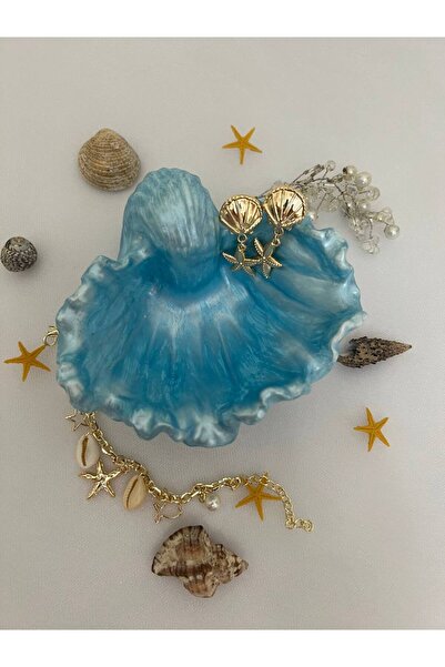 Love Candle Dekor Parlak Mavi İstiridye Takı Tabağı, Deniz Kabuğu Sunumluk, İstiridye Dekoratif Obje, İstiridye